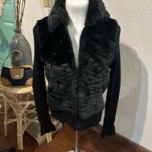 Black Faux Fur Teddy Jacket with Knit Sleeves - Women